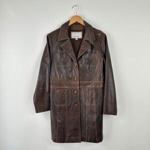 Wilsons Leather Maxima Vintage Brown Leather Trench Coat Jacket Womens Medium